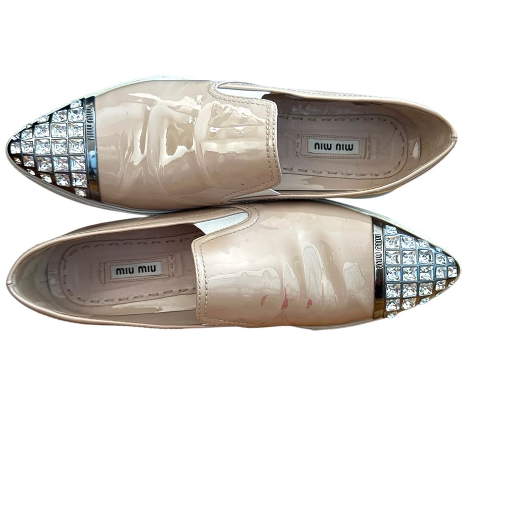 Miu Miu Nude Patent Leather Slip-On Loafers with Crystal Toe Cap